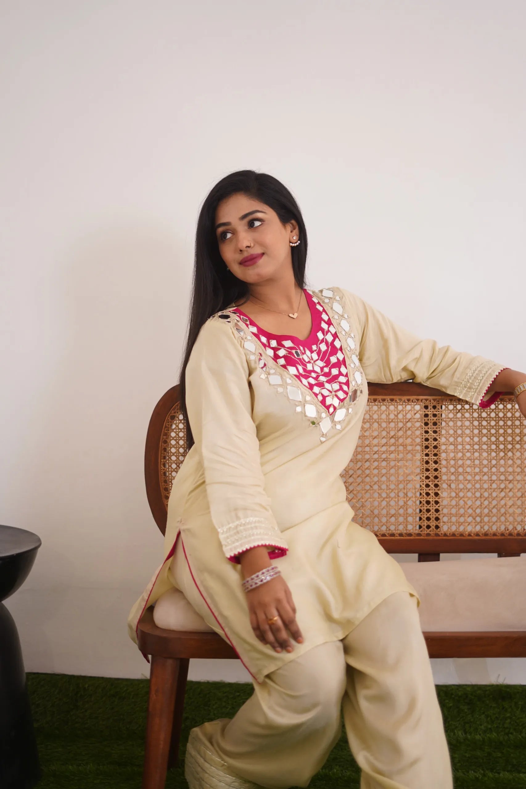 Beige Silk-Finish Co-ord Set with Magenta Mirror-Work Yoke