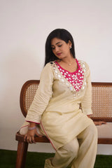 Beige Silk-Finish Co-ord Set with Magenta Mirror-Work Yoke