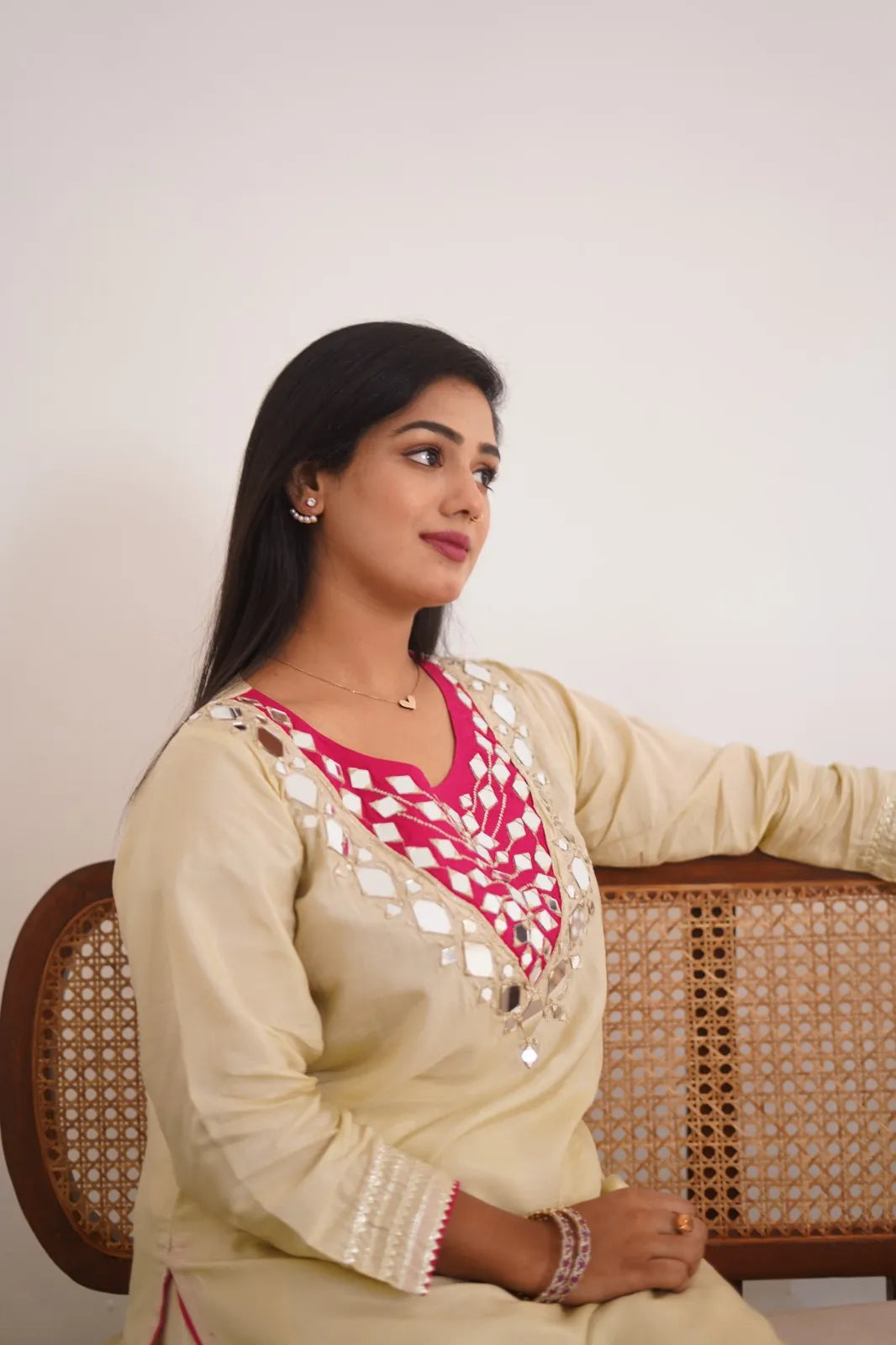 Beige Silk-Finish Co-ord Set with Magenta Mirror-Work Yoke