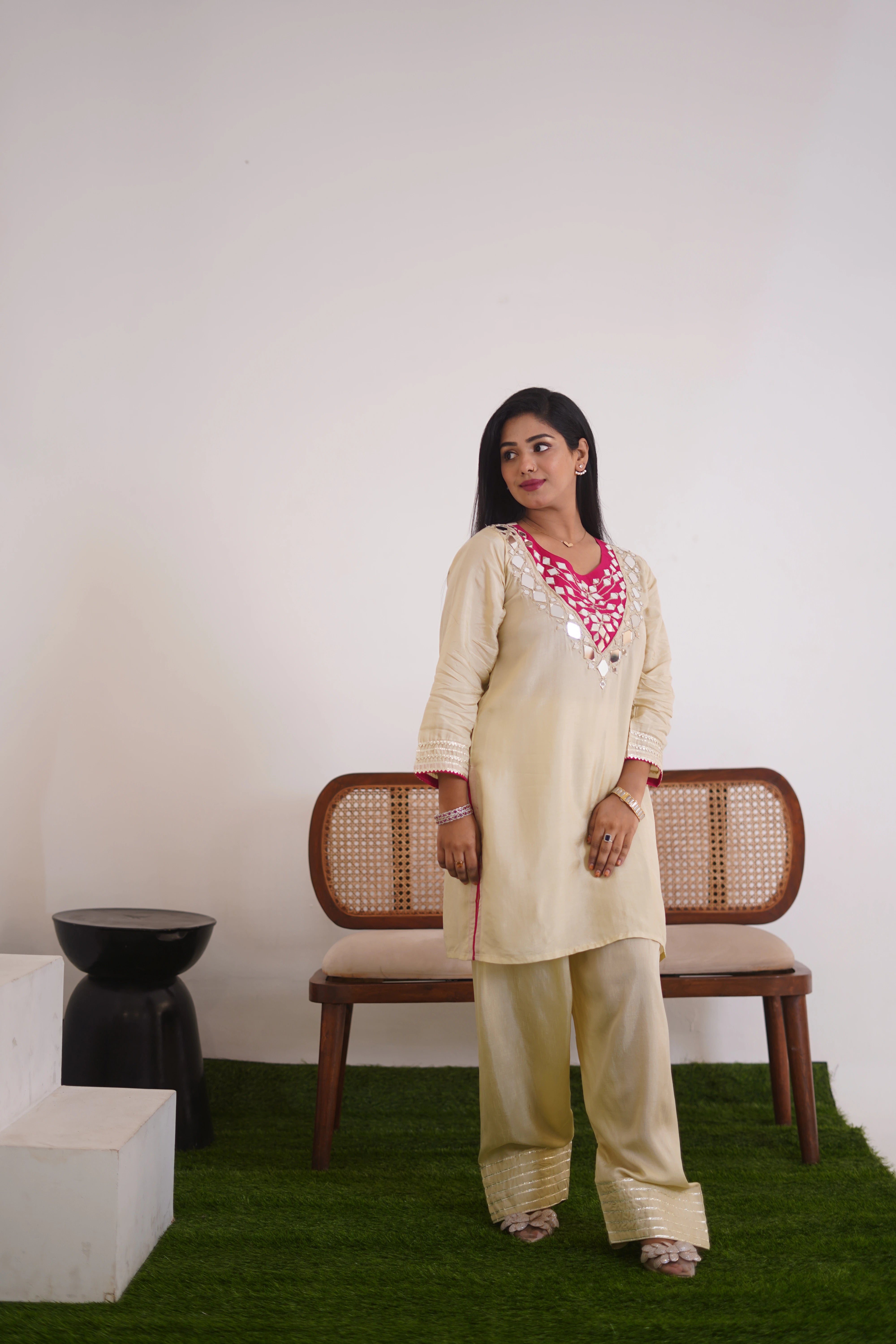 Beige Silk-Finish Co-ord Set with Magenta Mirror-Work Yoke