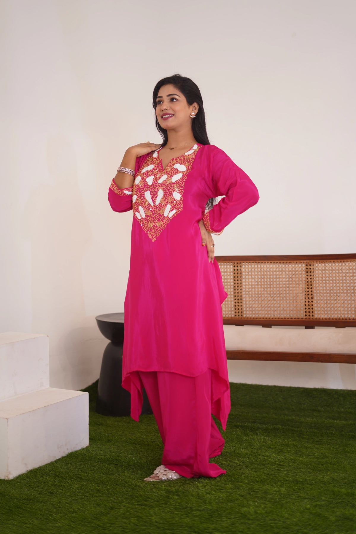 Fuchsia Pink Hand-Embroidered Silk Kaftan Kurta with Zardosi & Sequin Detailing