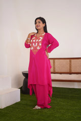 Fuchsia Pink Hand-Embroidered Silk Kaftan Kurta with Zardosi & Sequin Detailing