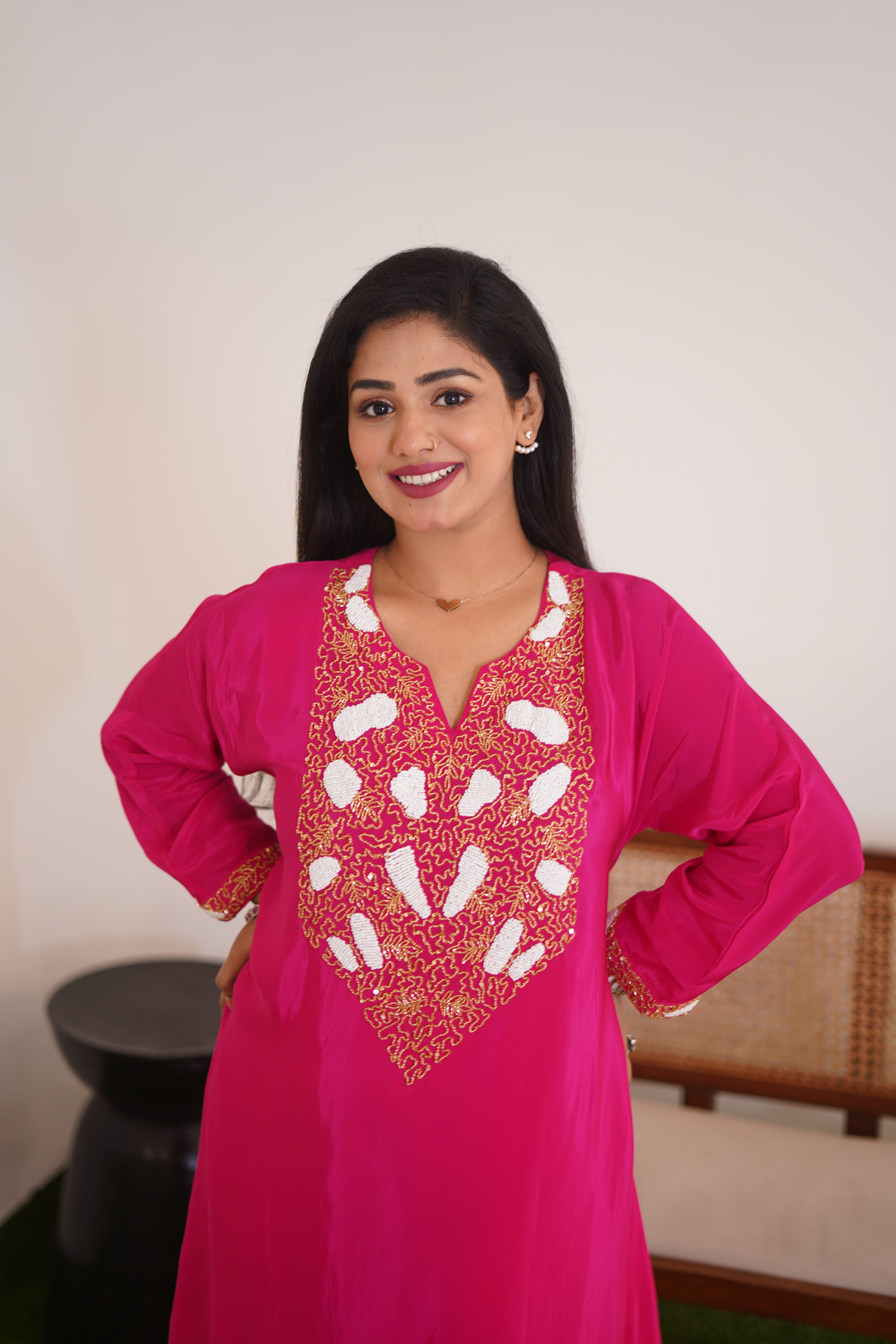 Fuchsia Pink Hand-Embroidered Silk Kaftan Kurta with Zardosi & Sequin Detailing