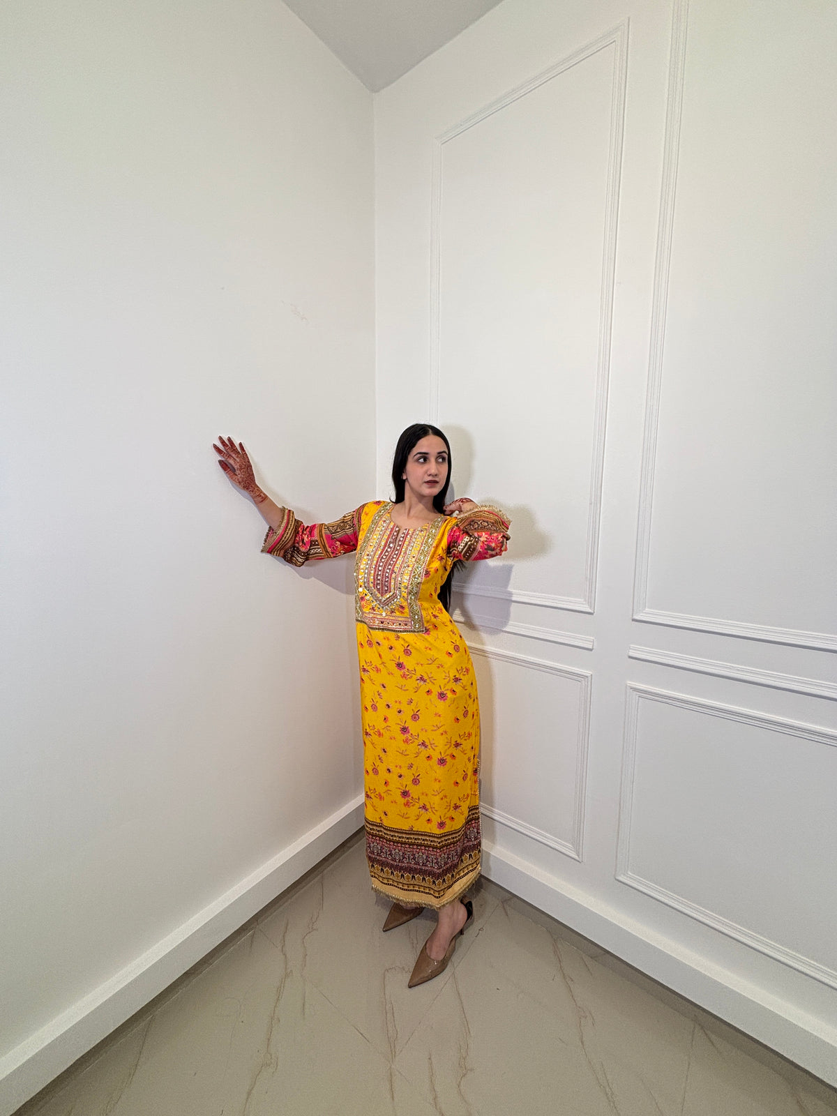 Marigold Muse Mirror-Work Choga with Artisanal Borde