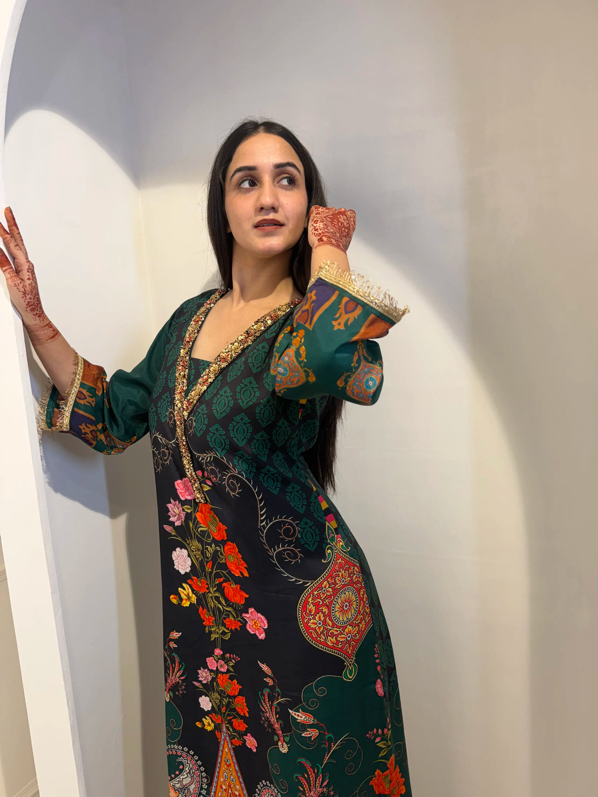 Deep Green Floral Print Choga with Gold Border Detail