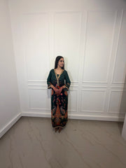 Deep Green Floral Print Choga with Gold Border Detail