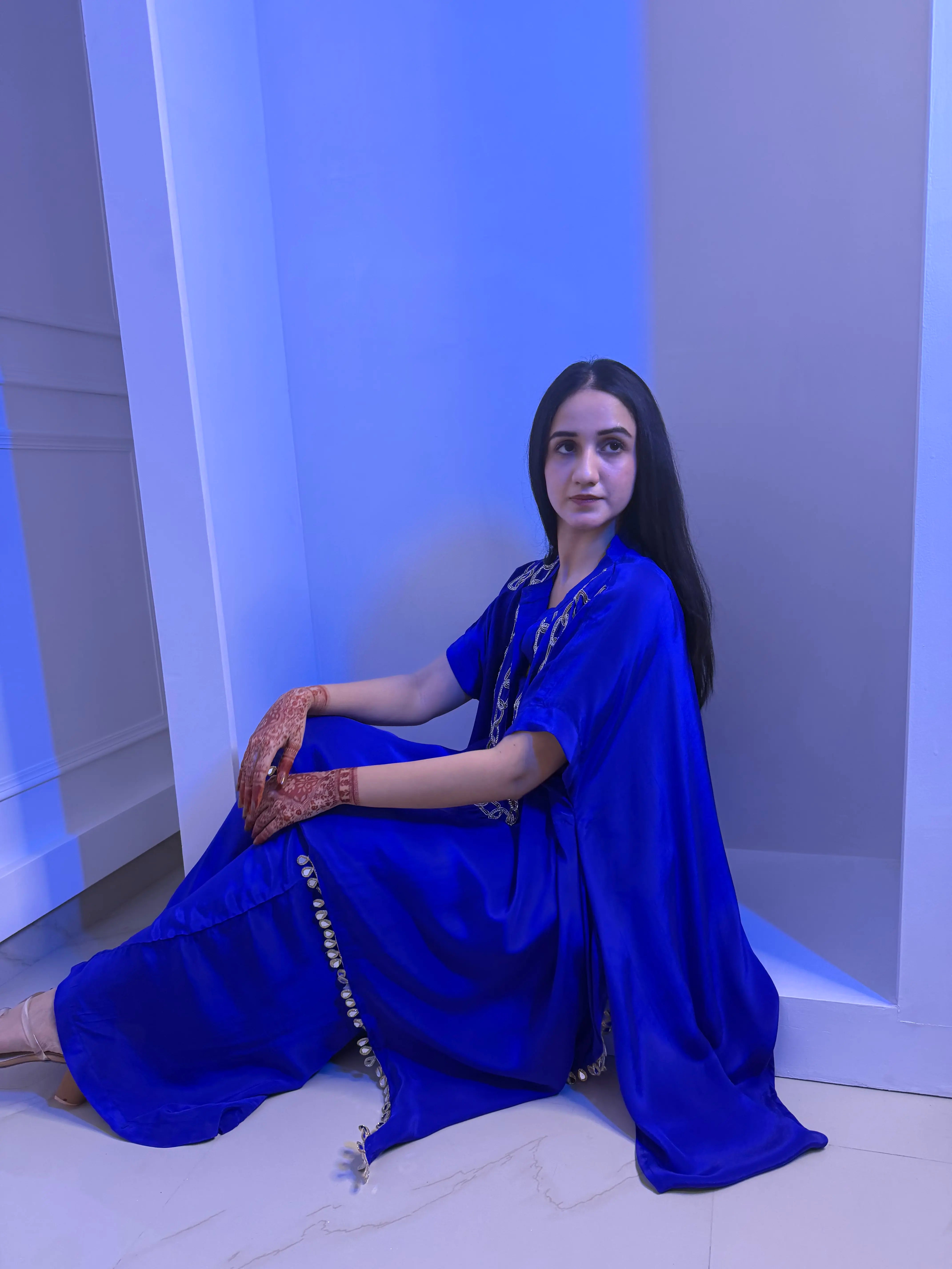 Cobalt High-Low Kaftan Set – Embellished Ethnic Co-ord