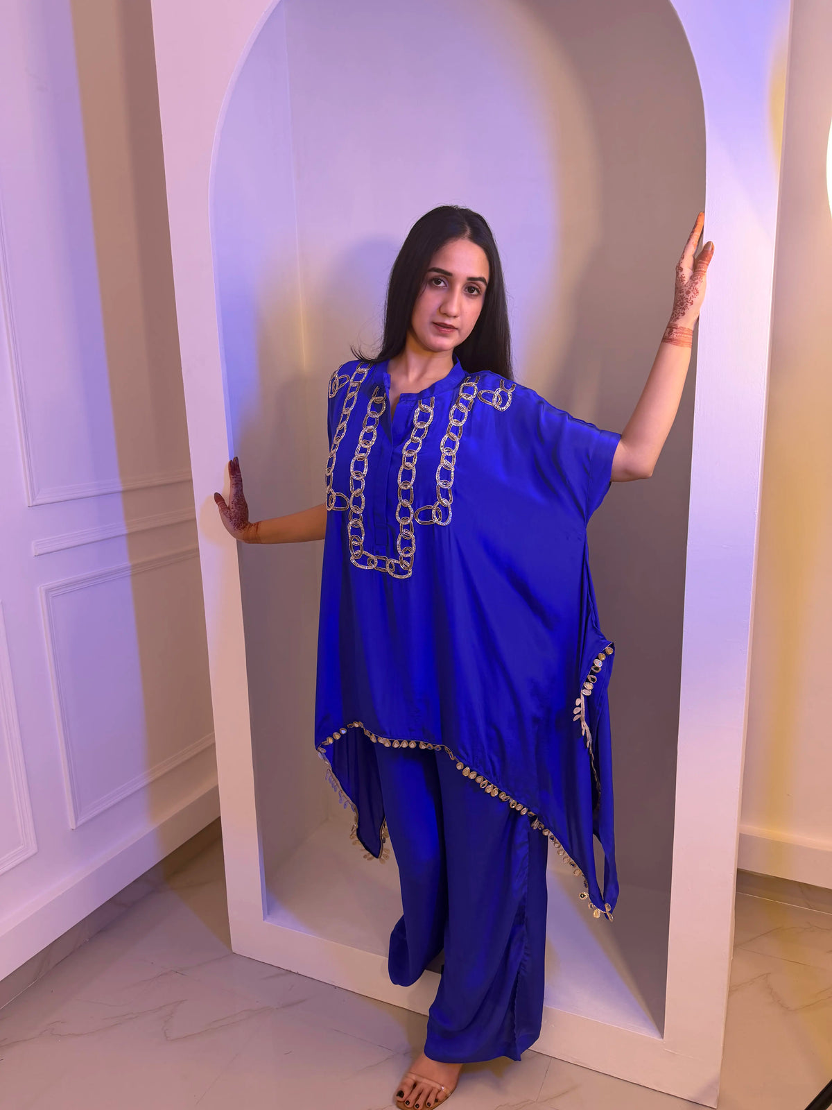 Cobalt High-Low Kaftan Set – Embellished Ethnic Co-ord