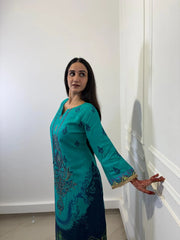 Teal Peacock Print Choga Set