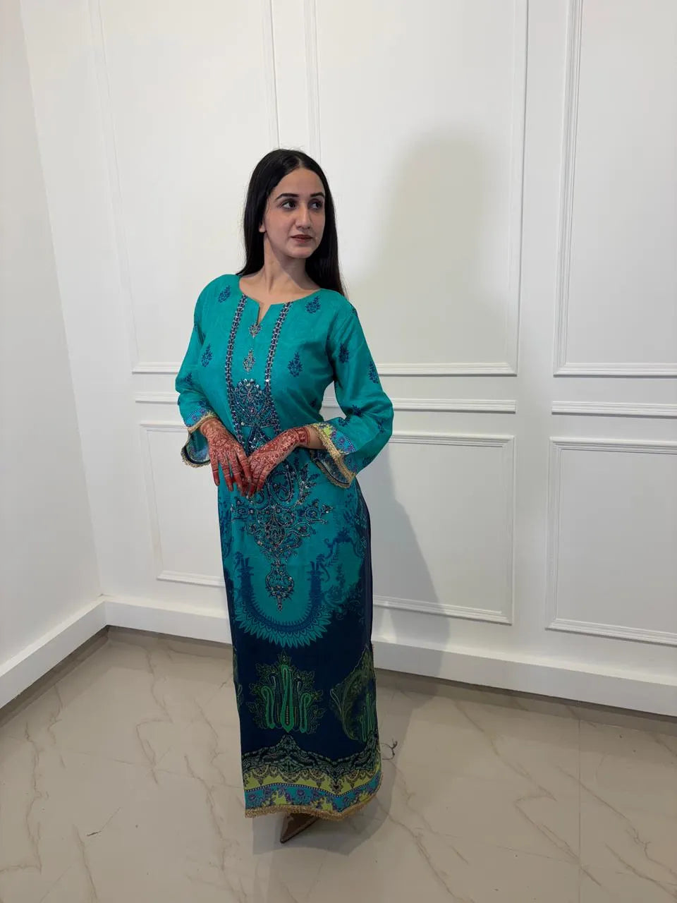 Teal Peacock Print Choga Set